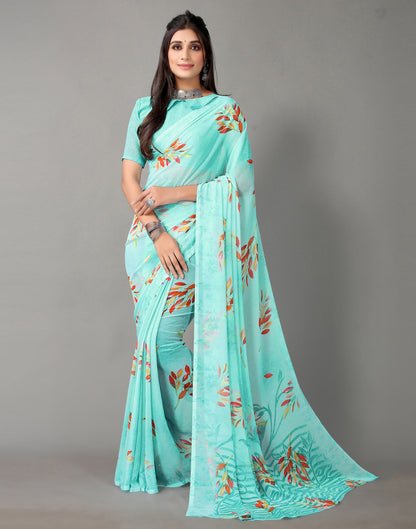 Light Aqua Blue And Multicolored Georgette Saree | Sudathi