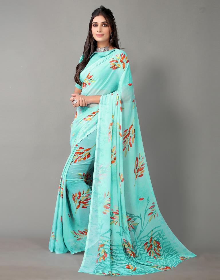 Light Aqua Blue And Multicolored Georgette Saree | Sudathi