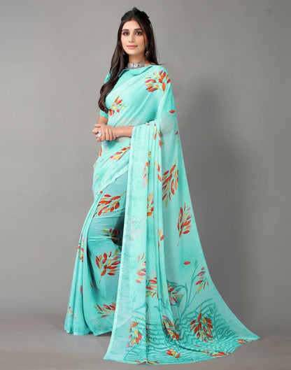 Light Aqua Blue And Multicolored Georgette Saree | Sudathi