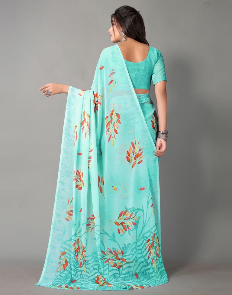 Light Aqua Blue And Multicolored Georgette Saree | Sudathi