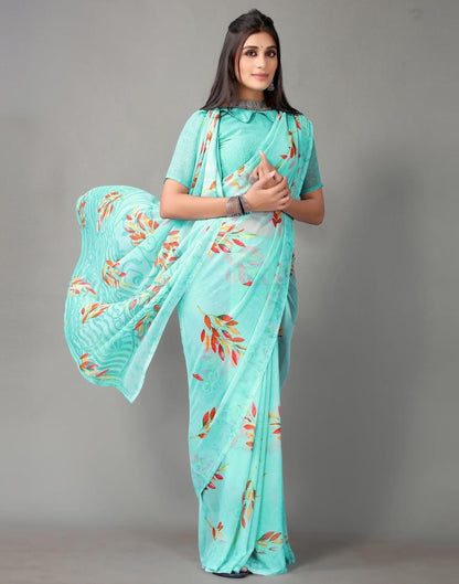 Light Aqua Blue And Multicolored Georgette Saree | Sudathi