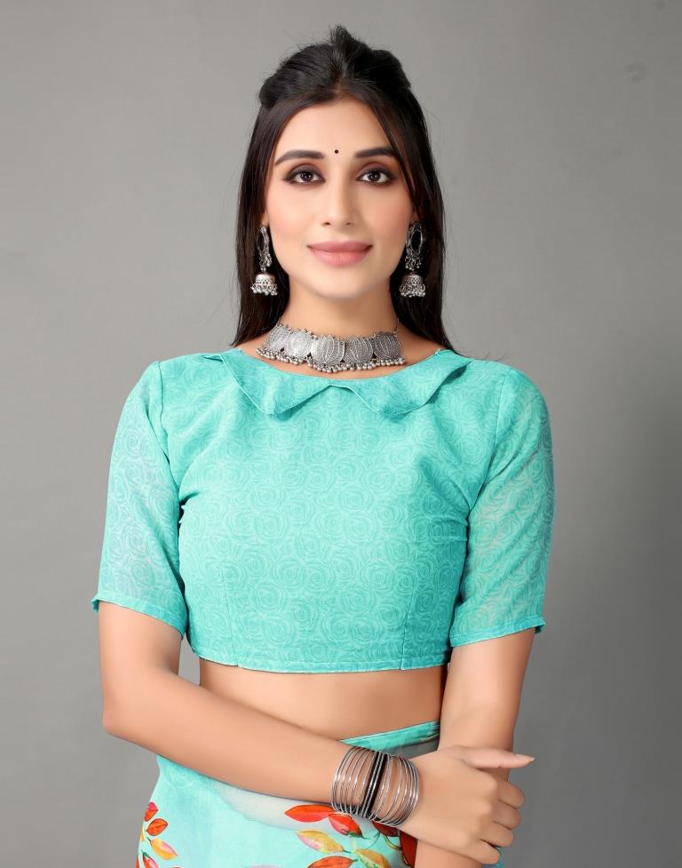 Light Aqua Blue And Multicolored Georgette Saree | Sudathi