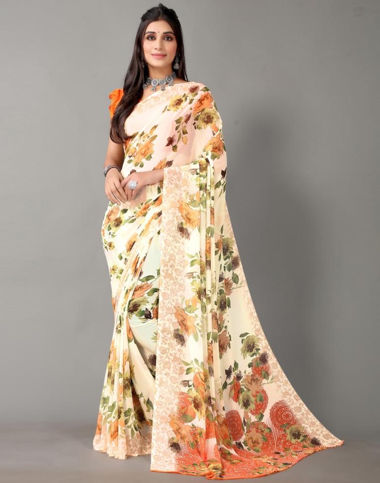 Cream Printed Georgette Saree
