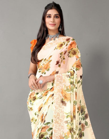 Cream Printed Georgette Saree