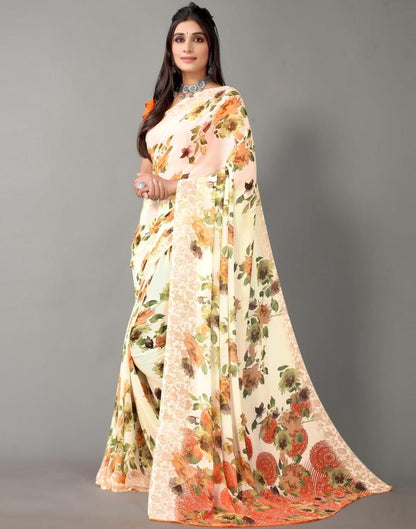 Cream Printed Georgette Saree