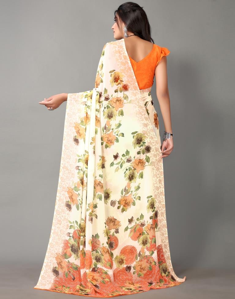 Cream Printed Georgette Saree