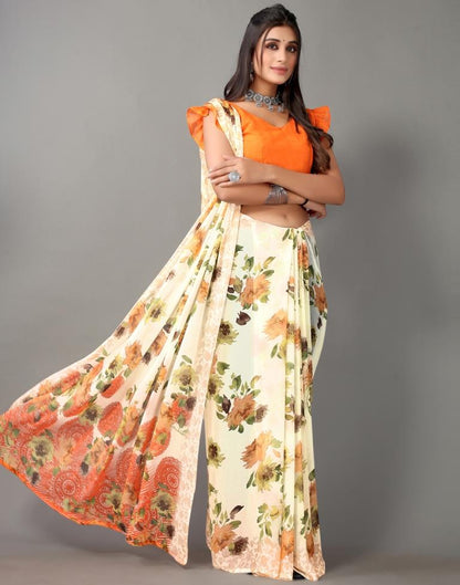 Cream Printed Georgette Saree
