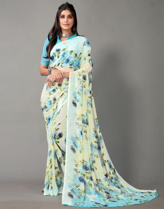 Cream Printed Georgette Saree