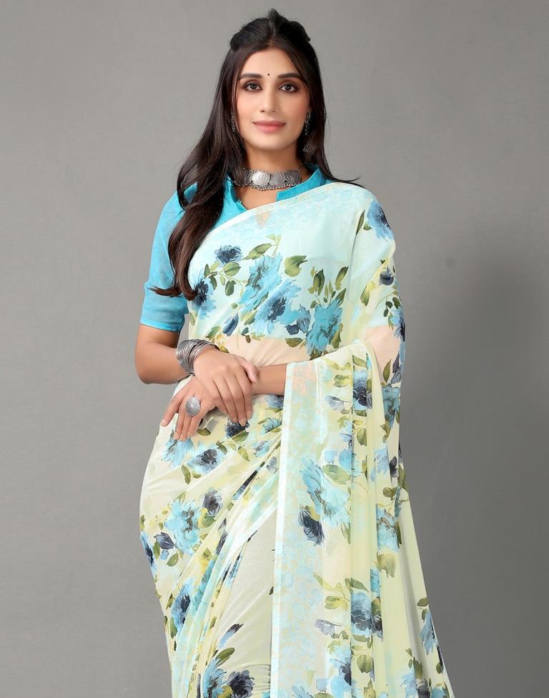 Cream Printed Georgette Saree