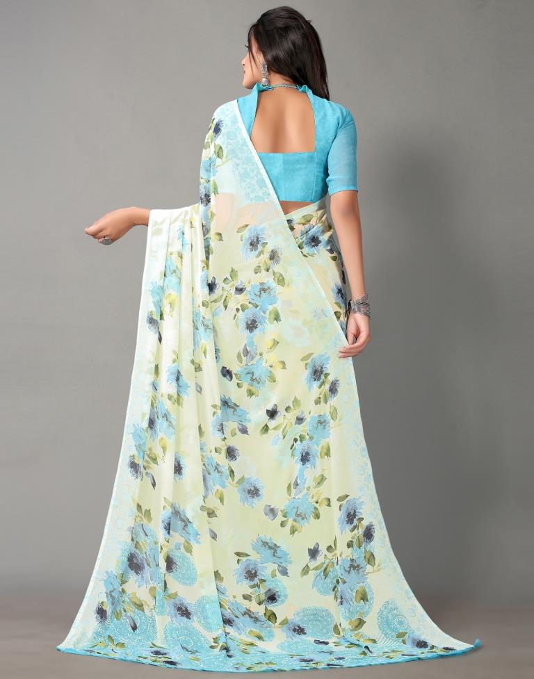 Cream Printed Georgette Saree