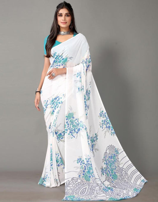 White Printed Georgette Saree