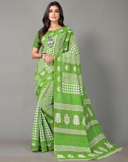 Parrot Green Printed Cotton Saree