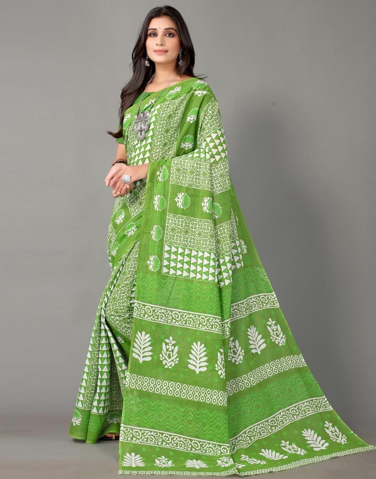 Parrot Green Printed Cotton Saree