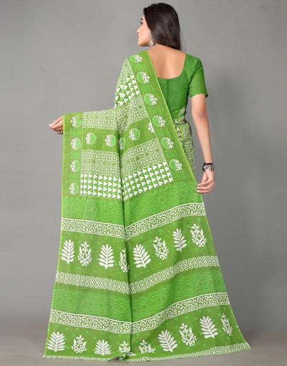Parrot Green Printed Cotton Saree