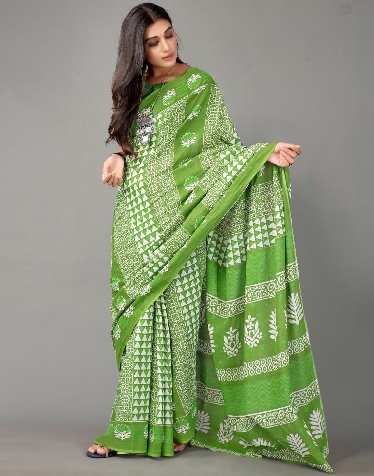 Parrot Green Printed Cotton Saree