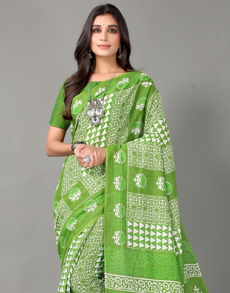 Parrot Green Printed Cotton Saree