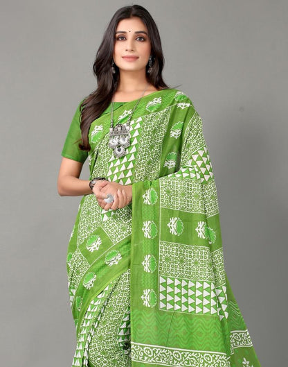 Parrot Green Printed Cotton Saree