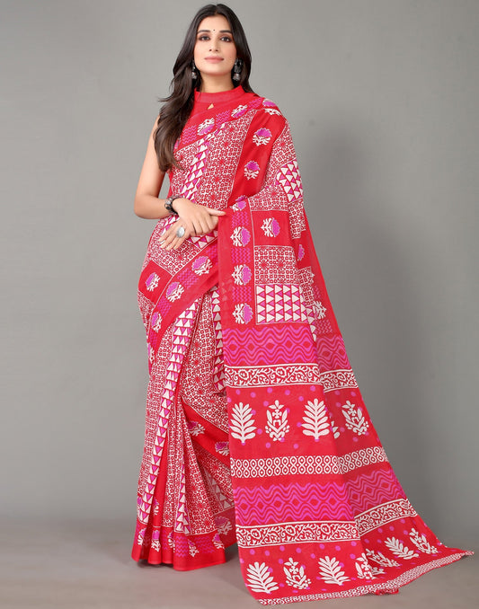 Cherry Red And Pink And White Cotton Saree | Sudathi