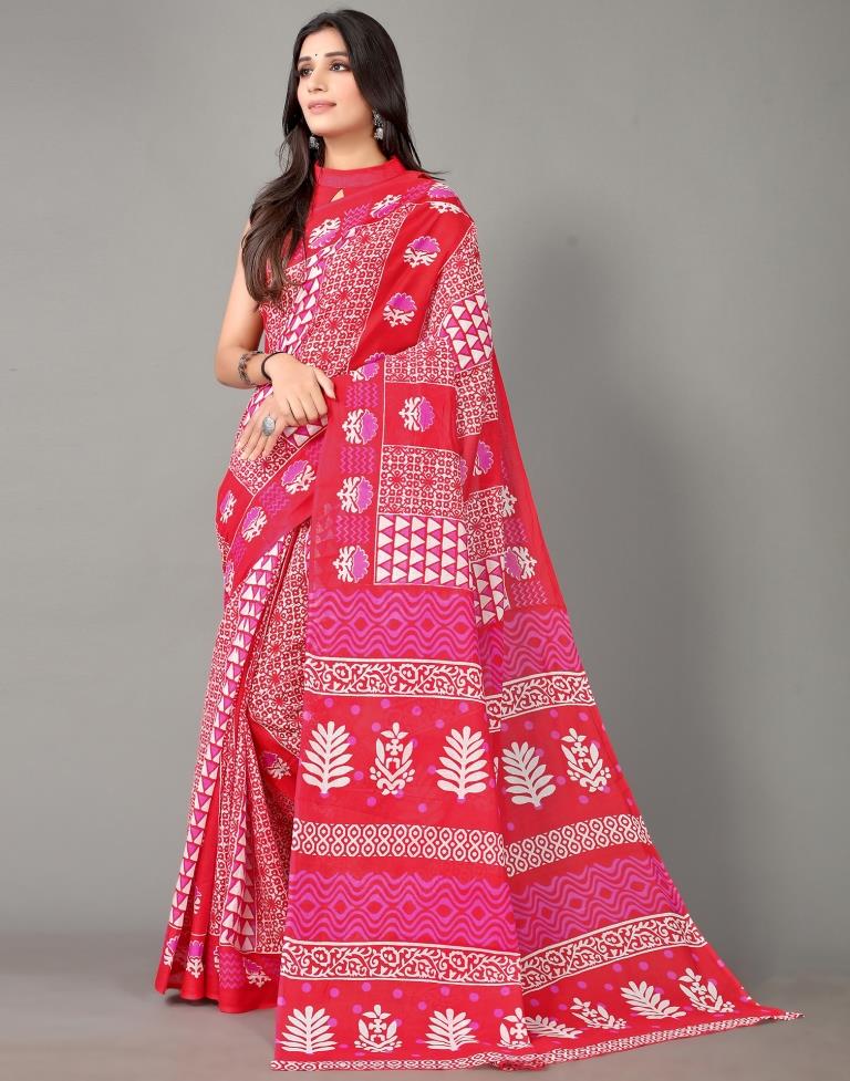 Cherry Red And Pink And White Cotton Saree | Sudathi