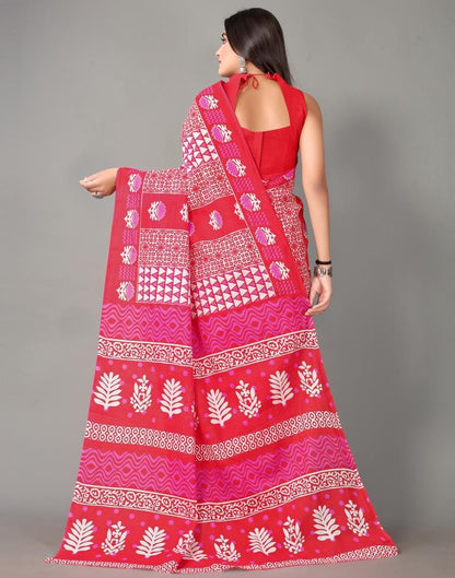 Cherry Red And Pink And White Cotton Saree | Sudathi