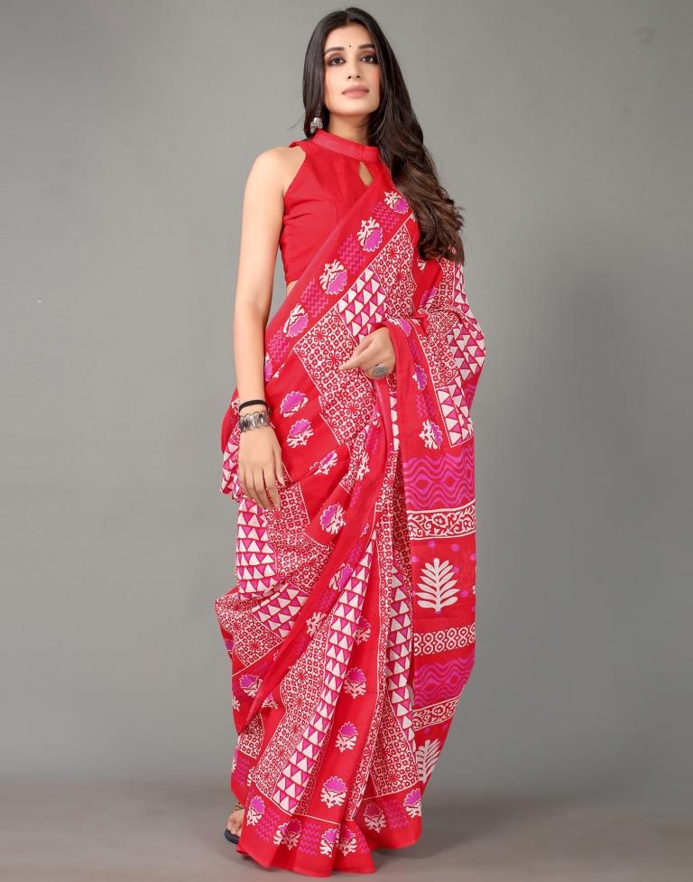 Cherry Red And Pink And White Cotton Saree | Sudathi