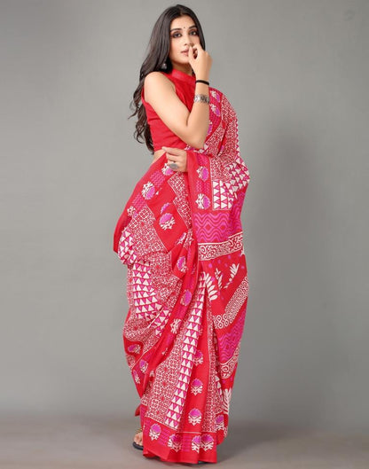 Cherry Red And Pink And White Cotton Saree | Sudathi