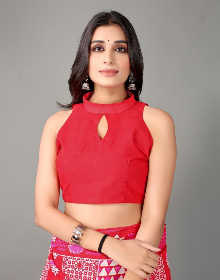 Cherry Red And Pink And White Cotton Saree | Sudathi