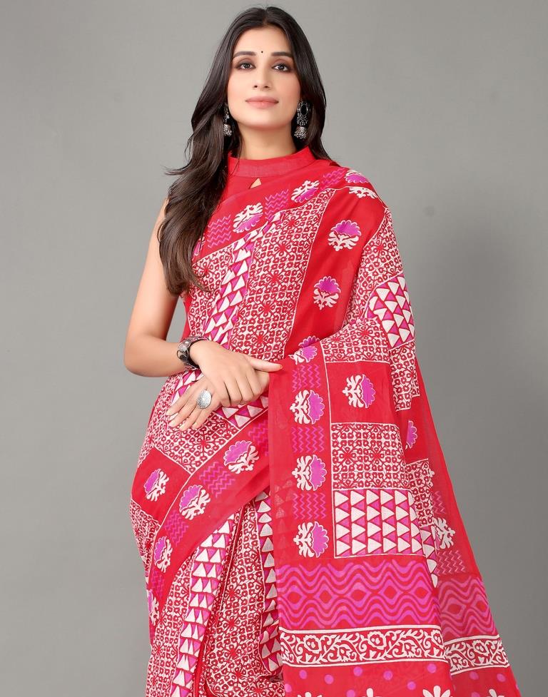 Cherry Red And Pink And White Cotton Saree | Sudathi