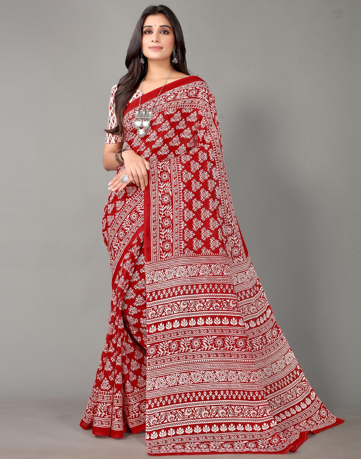 Maroon And White Cotton Saree | Sudathi