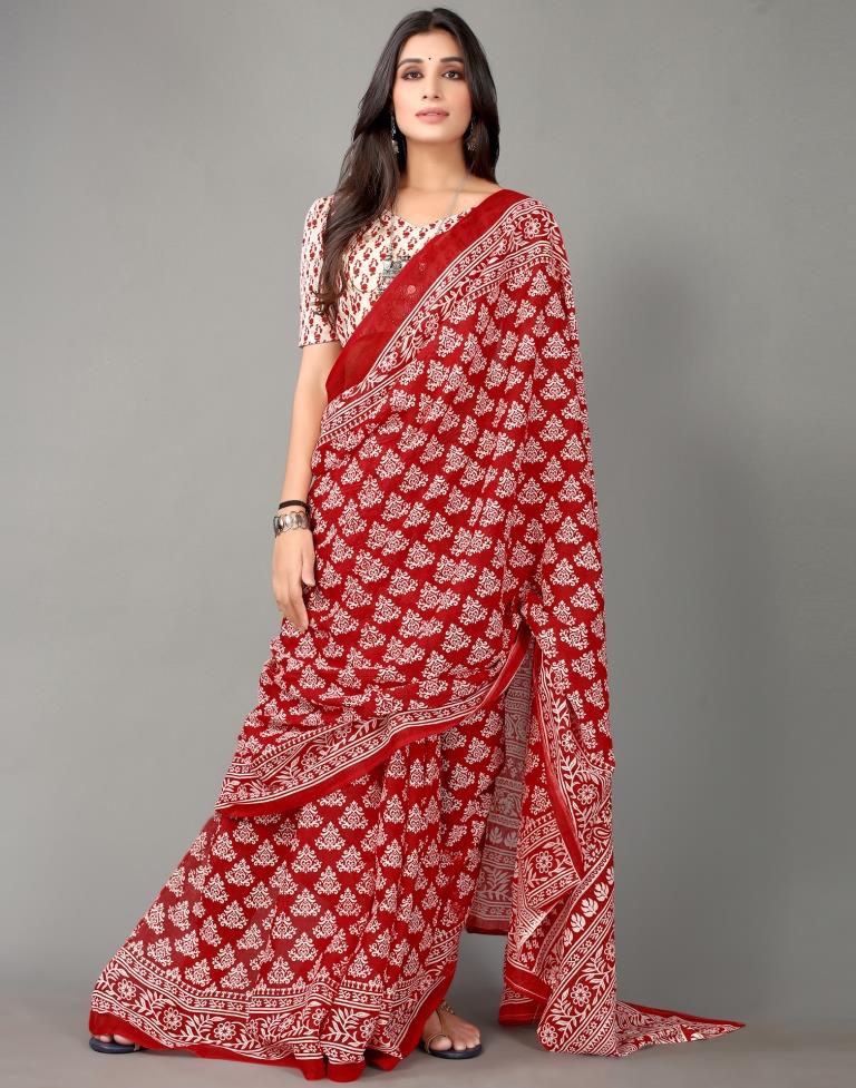 Maroon And White Cotton Saree | Sudathi