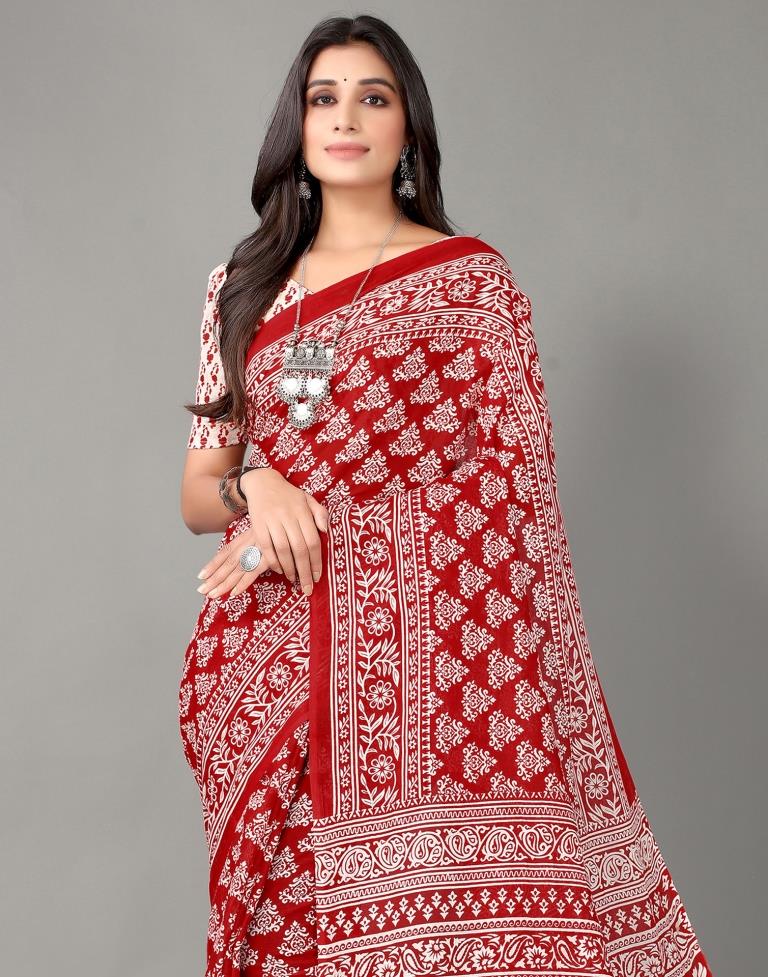 Maroon And White Cotton Saree | Sudathi