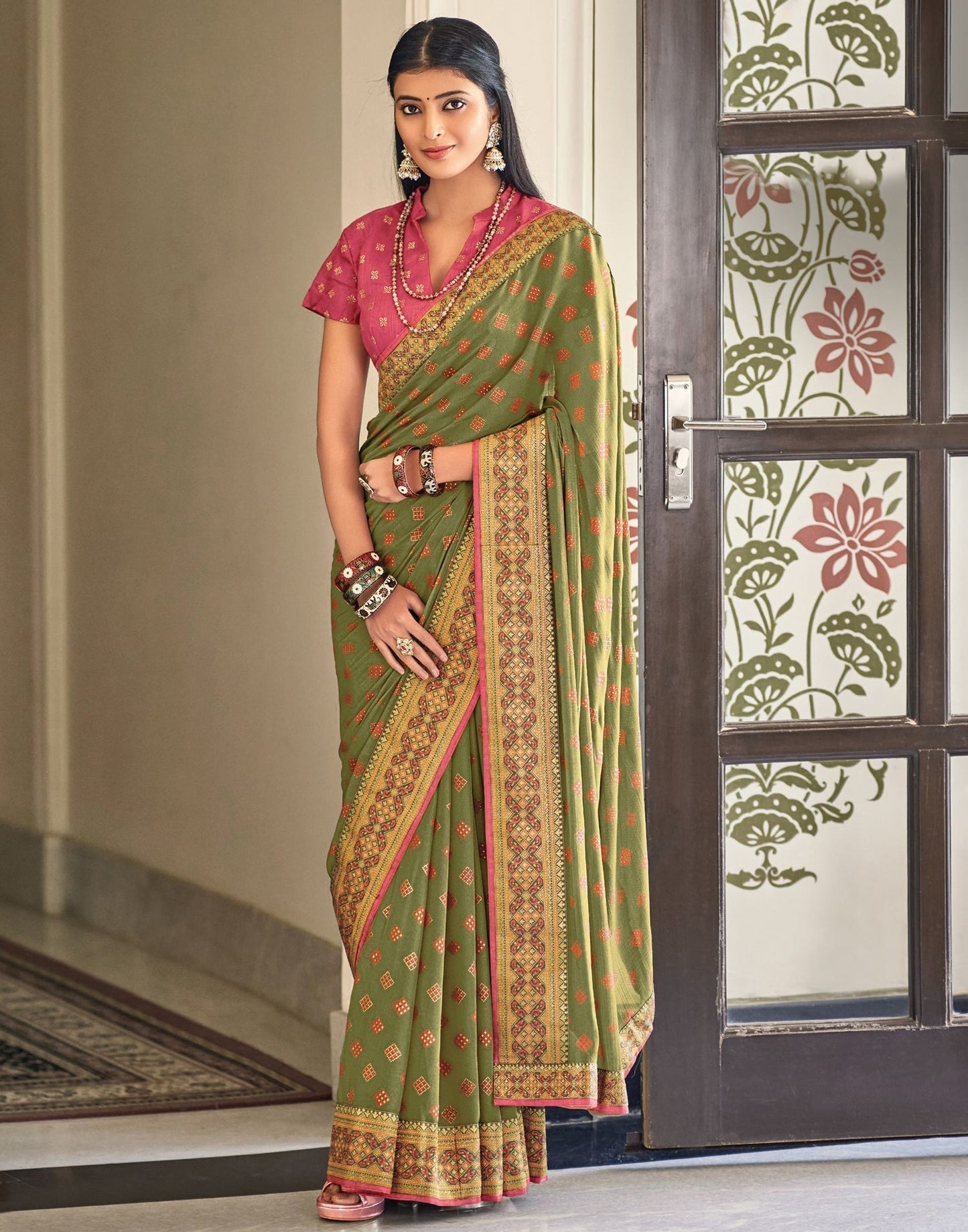Olive Green Chiffon Saree | Sudathi
