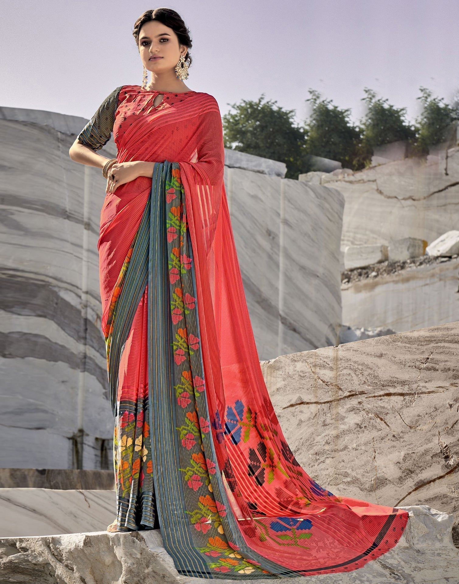 Coral Pink Georgette Saree | Sudathi