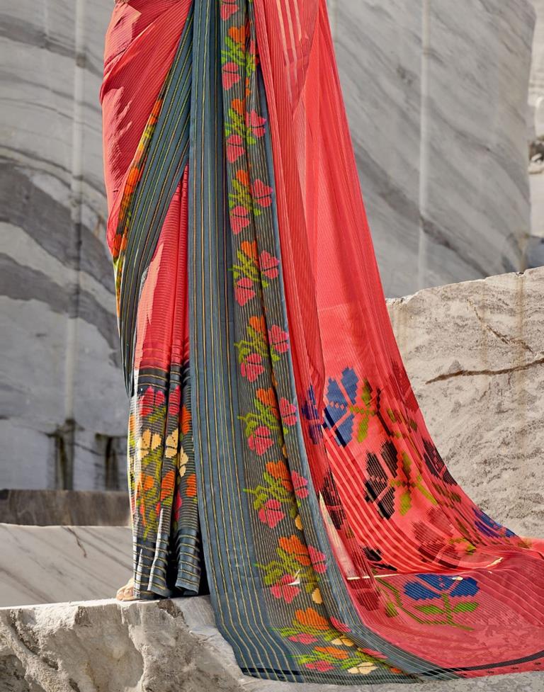 Coral Pink Georgette Saree | Sudathi
