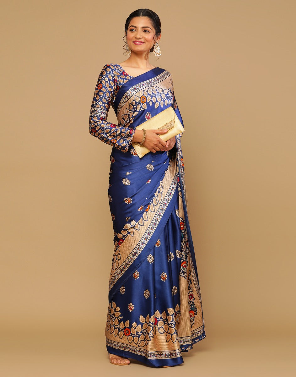 Navy Blue And Multicolored Silk Saree | Sudathi