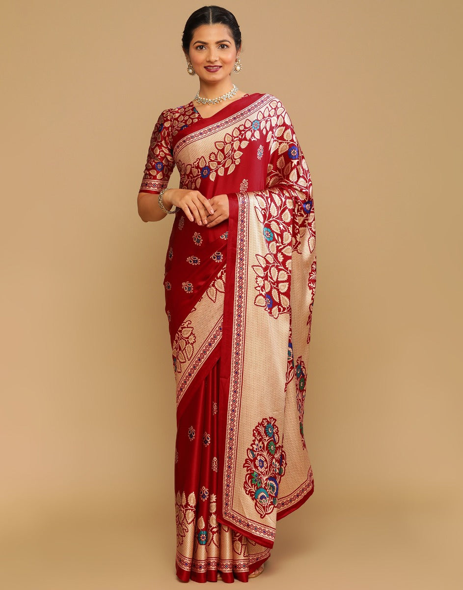 Maroon And Multicolored Silk Saree | Sudathi