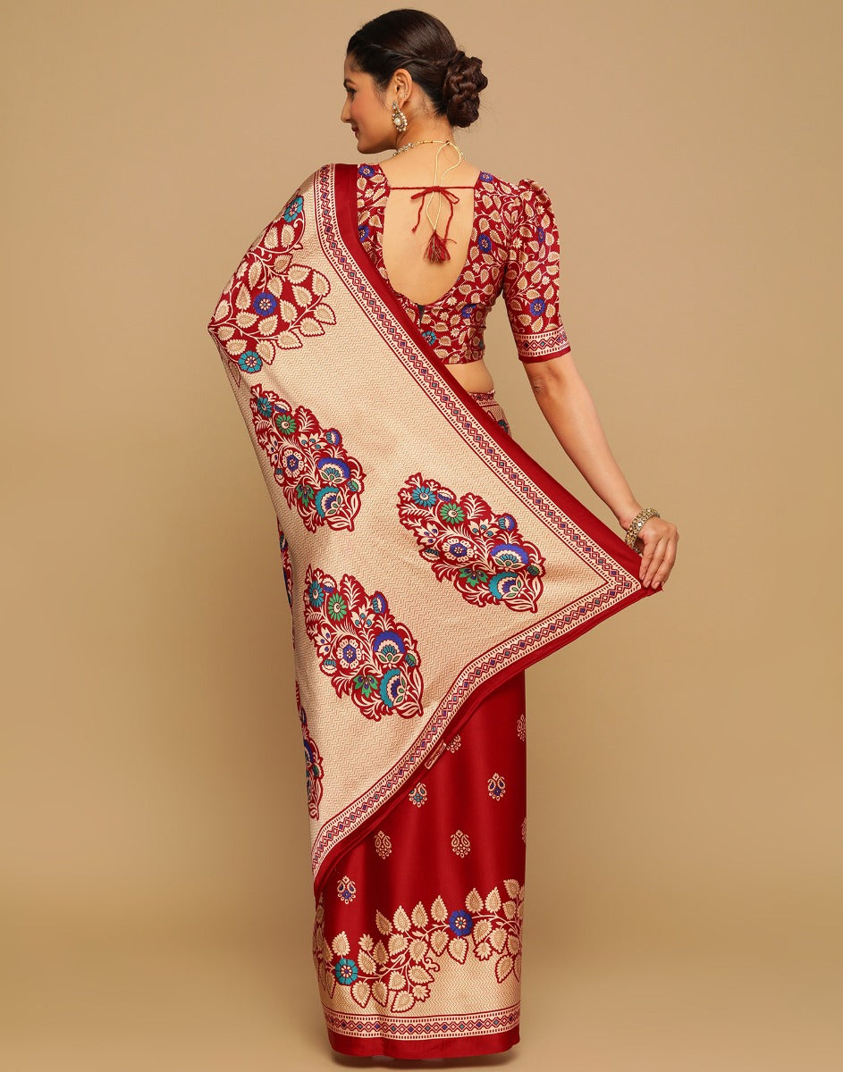Maroon And Multicolored Silk Saree | Sudathi