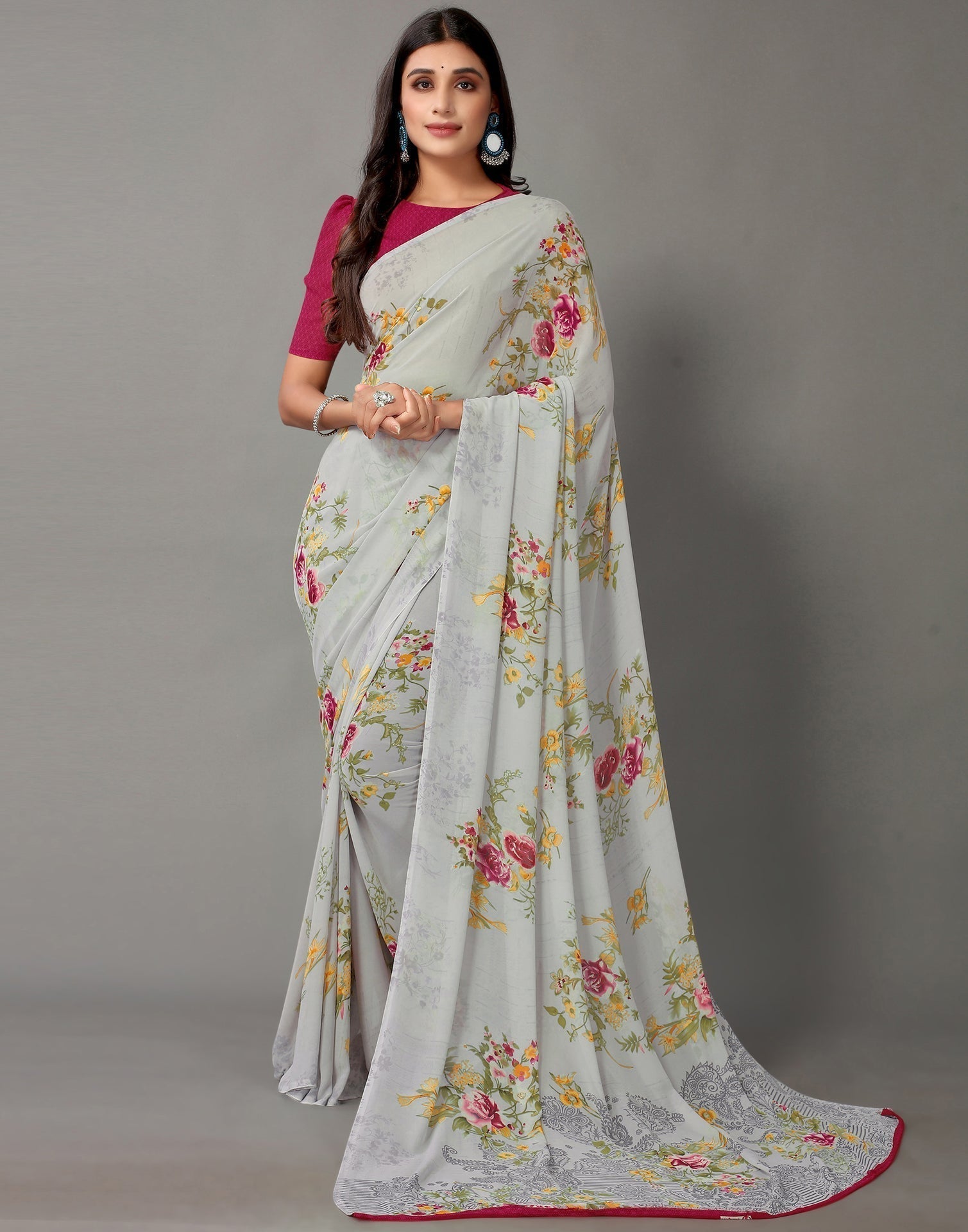 Light Grey And Multicolored Georgette Saree | Sudathi