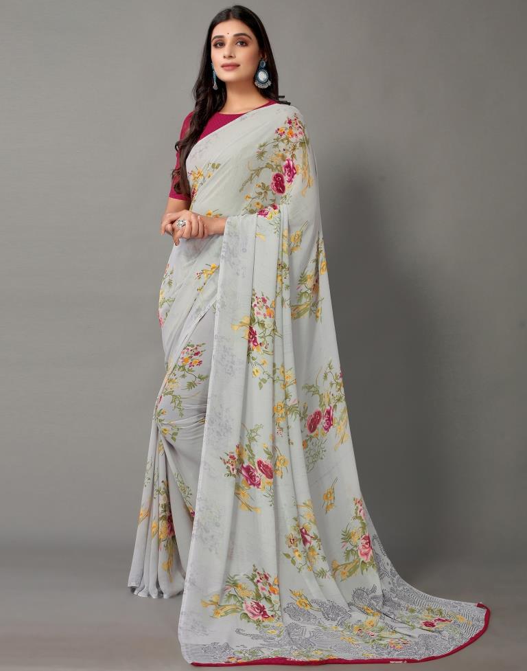 Light Grey And Multicolored Georgette Saree | Sudathi