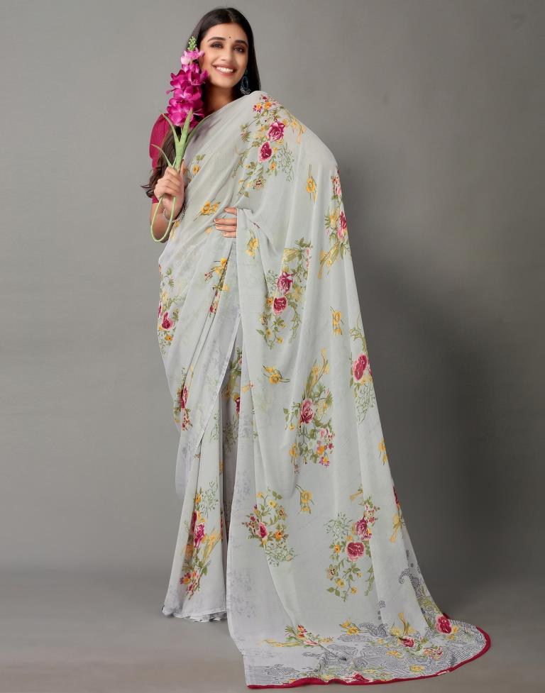 Light Grey And Multicolored Georgette Saree | Sudathi