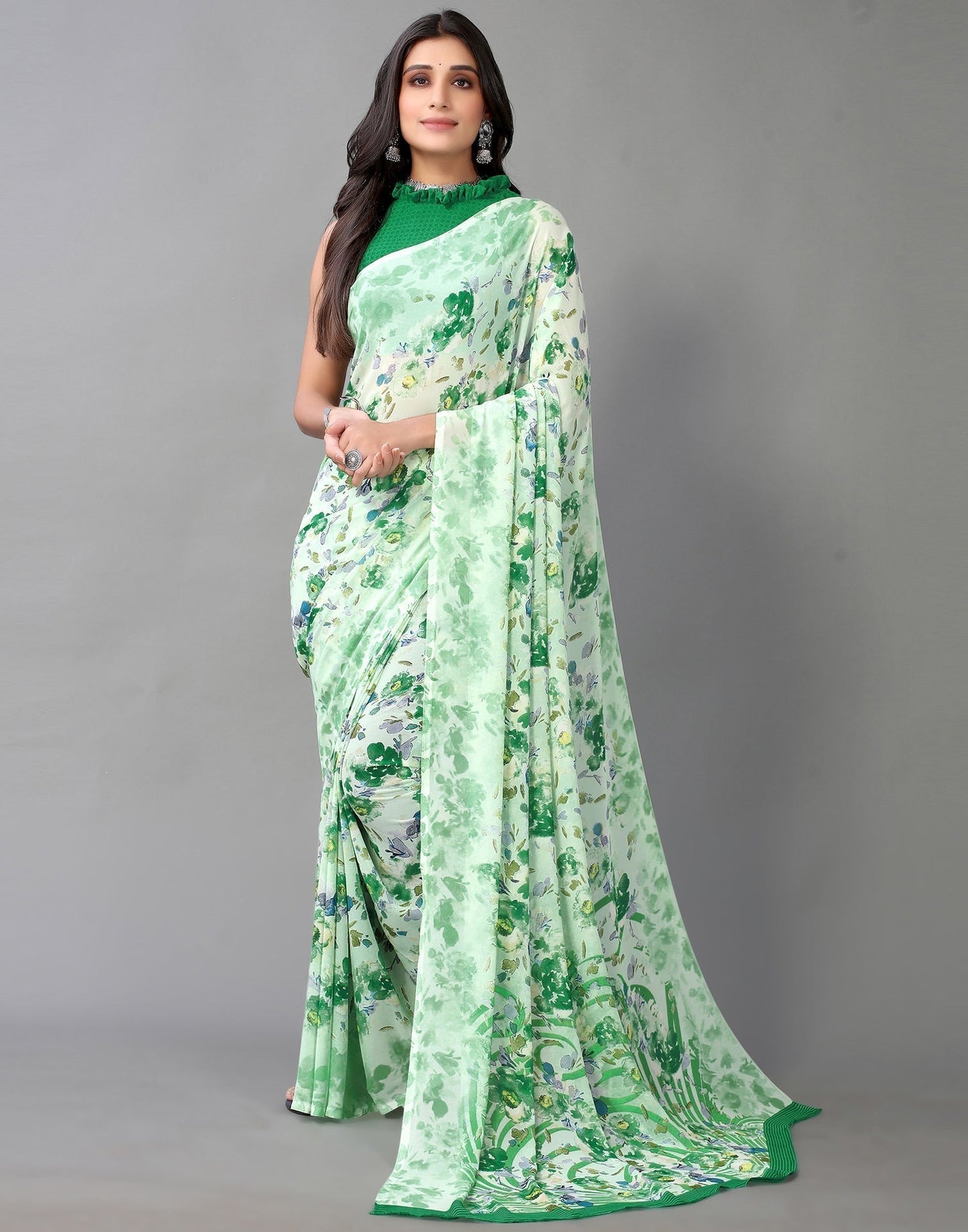 Pista Green And Multicolored Georgette Saree | Sudathi