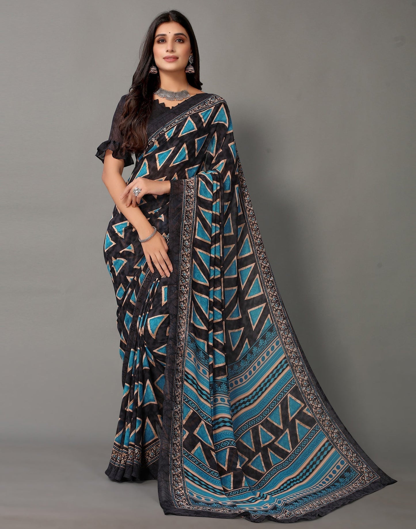 Dark Grey And Blue Georgette Saree | Sudathi