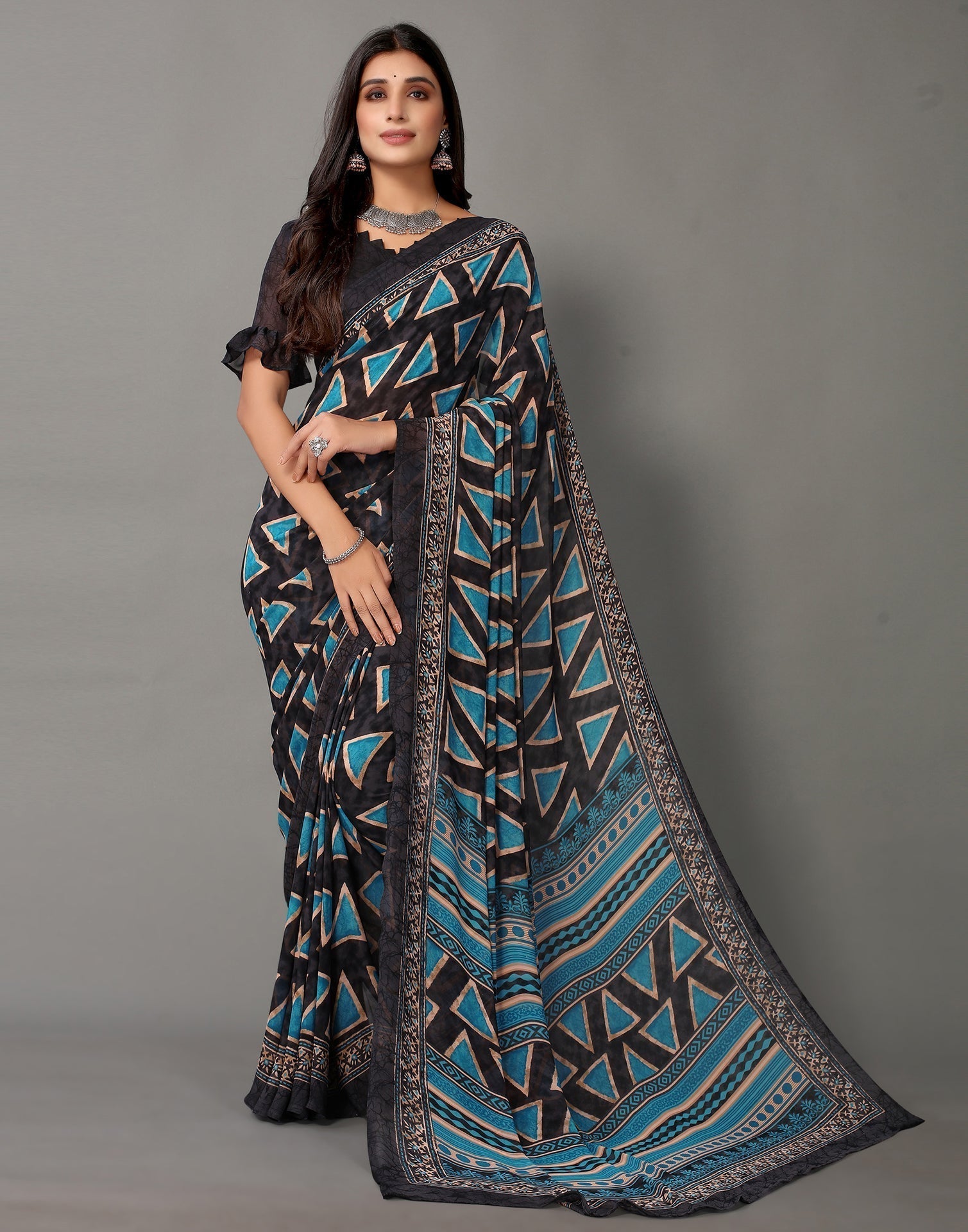 Dark Grey And Blue Georgette Saree | Sudathi