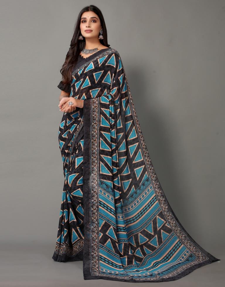 Dark Grey And Blue Georgette Saree | Sudathi