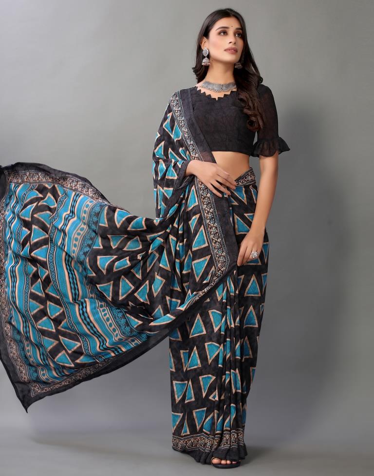 Dark Grey And Blue Georgette Saree | Sudathi