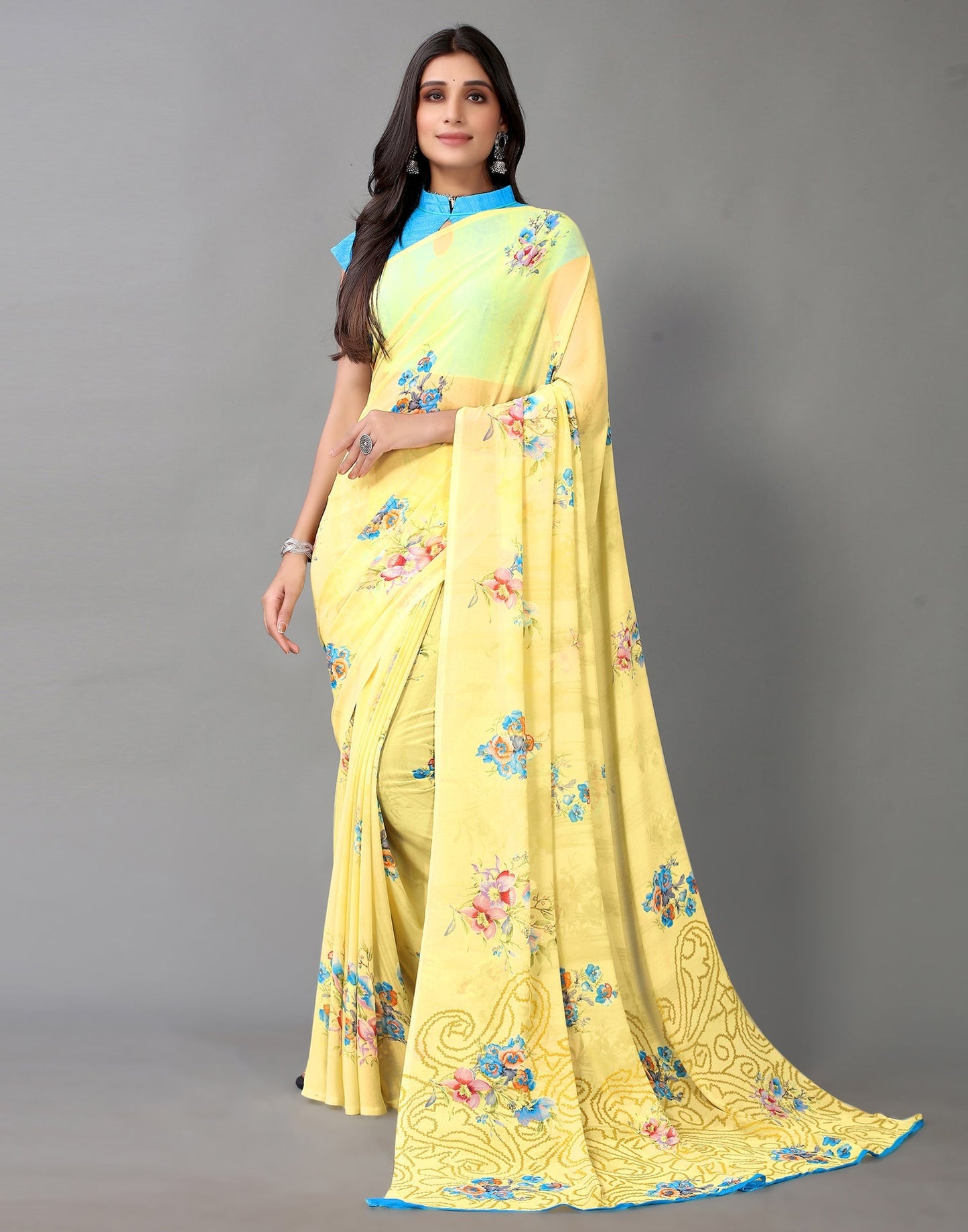 Light Yellow And Multicolored Georgette Saree | Sudathi