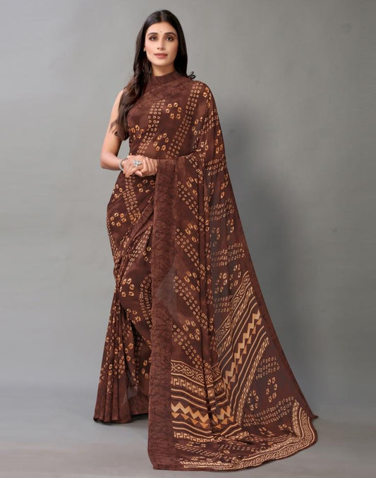 Brown Bandhani Georgette Saree