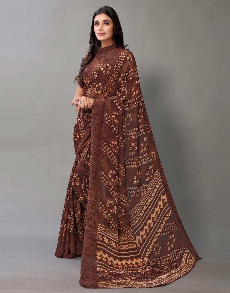 Brown Bandhani Georgette Saree