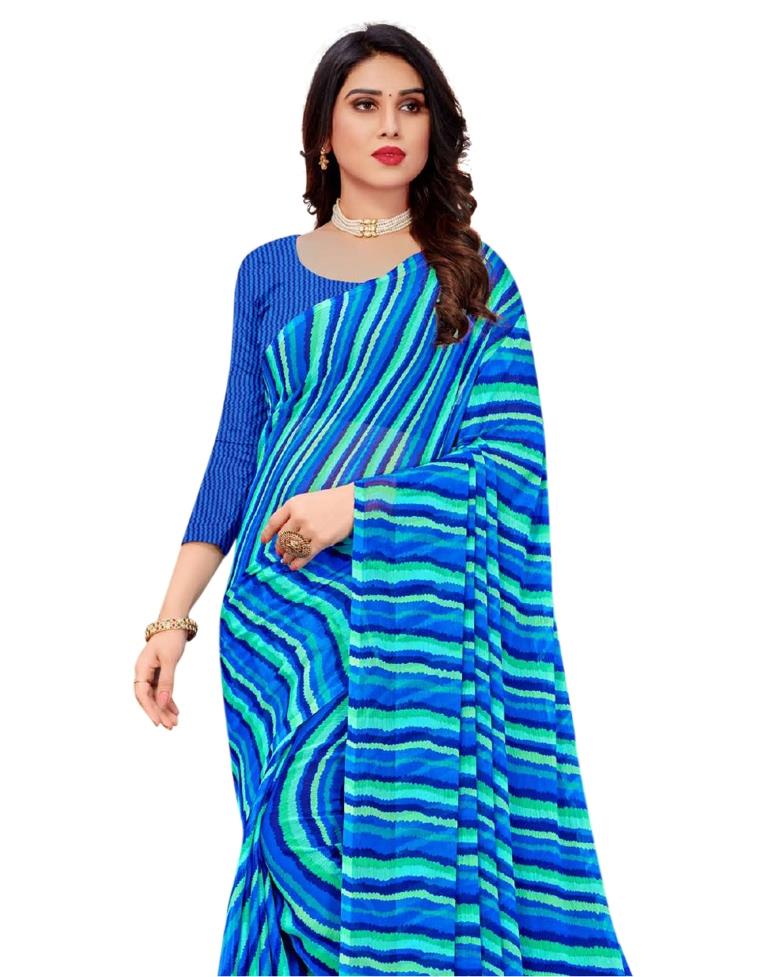 Blue Printed Chiffon Saree