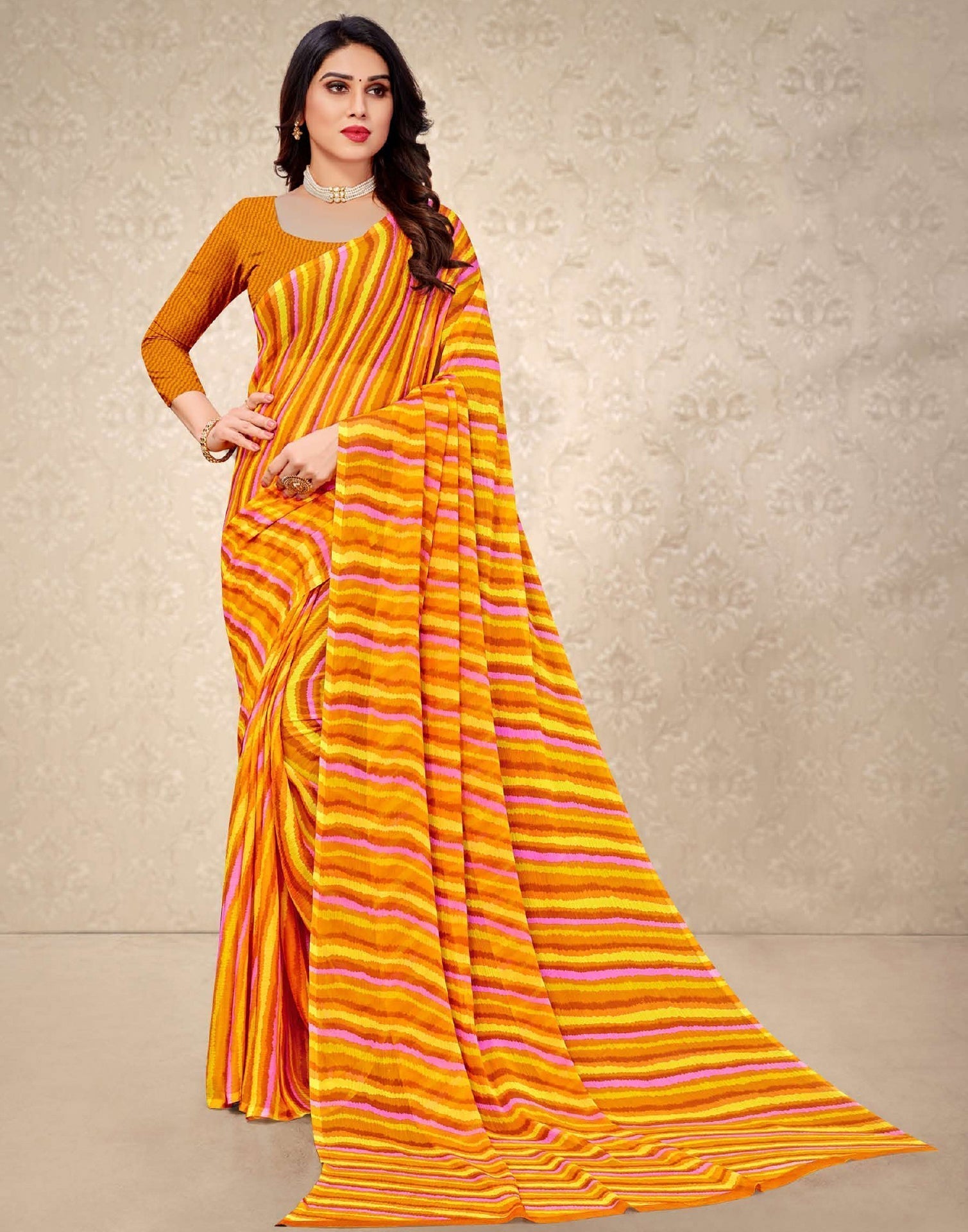 Mustard And Multicolored Chiffon Saree | Sudathi